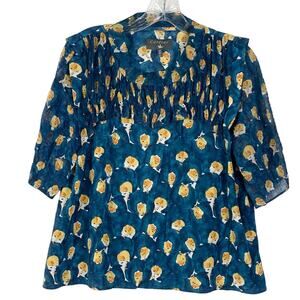 COTELAC Top 0 Blue Yellow Face-Print Pleated Crinkle Ruffle Short-Sleeve